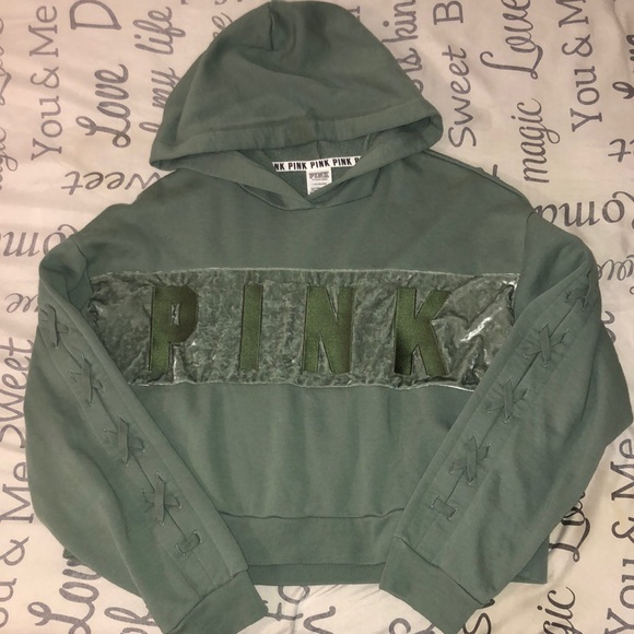 Olive Green PINK Victoria’s Secret Crop Hoodie - Picture 3 of 6